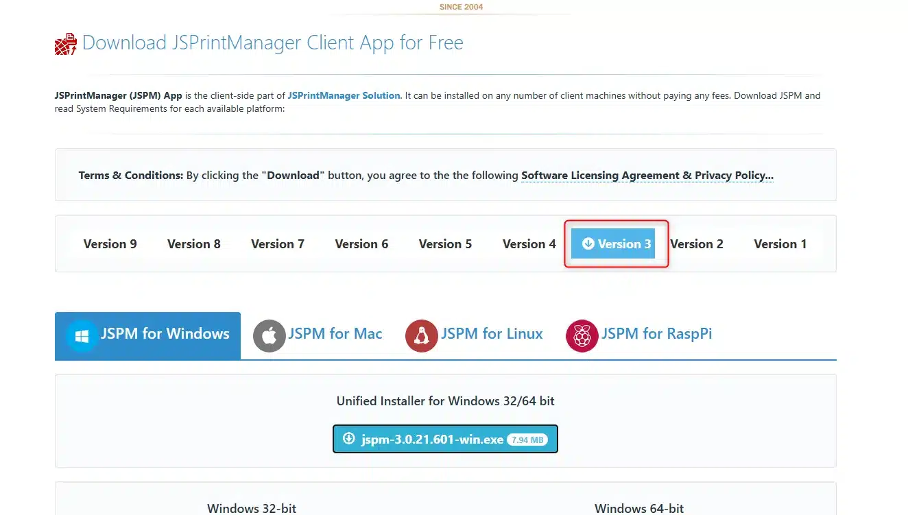 Page de téléchargement JSPrintManager, Version 3, onglet JSPM for Windows