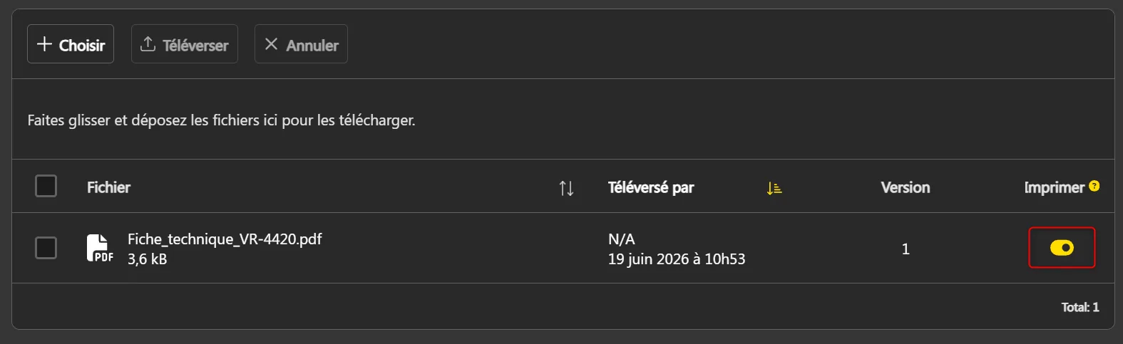 Colonne Imprimer activée sur un fichier PDF
