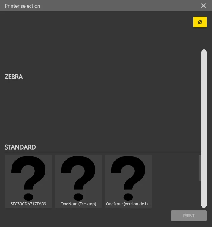 Standard printers section in printer selection